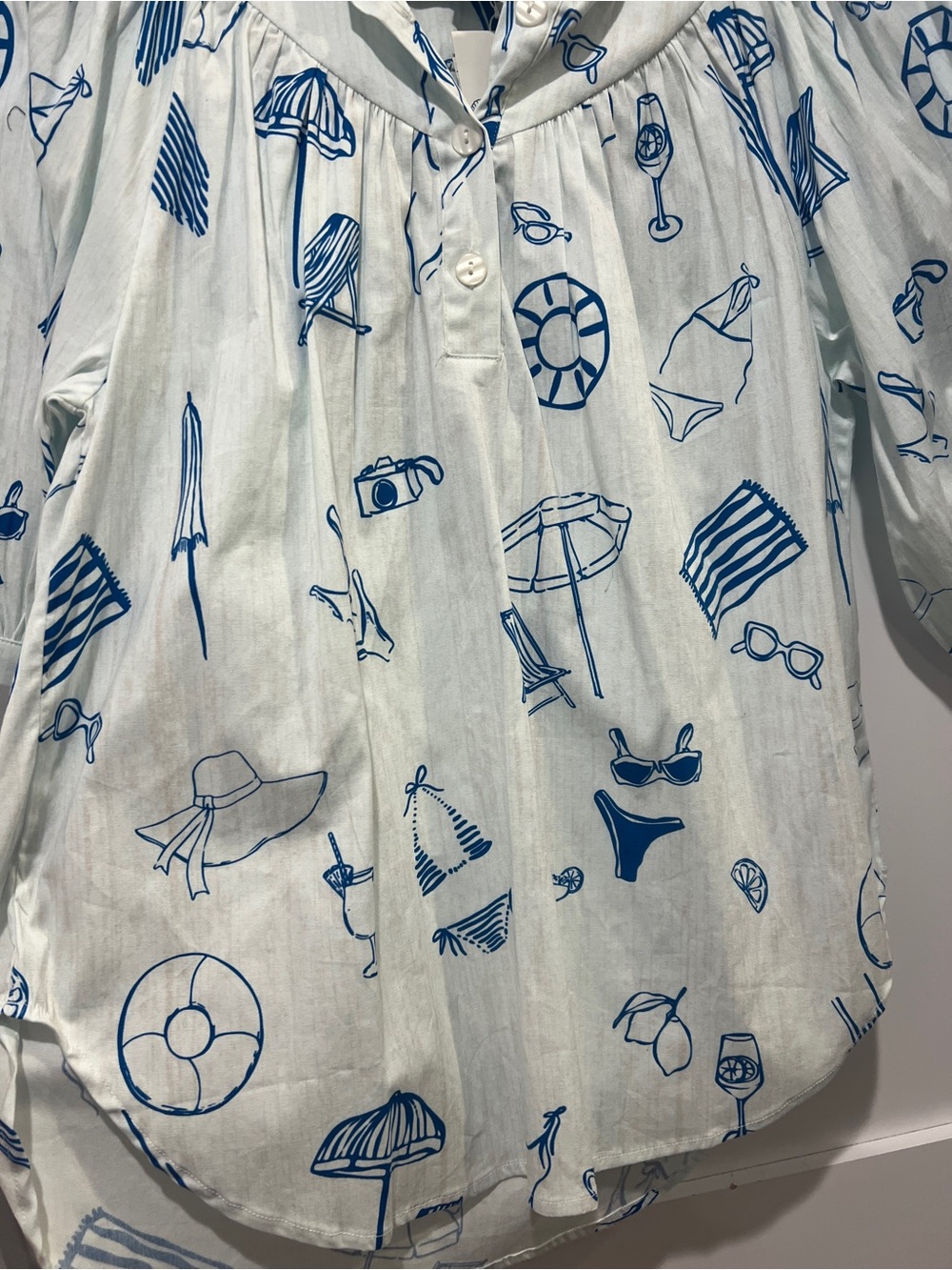 Holly Shae White Tunic Blouse with Blue summer, pool, swim, vacation Print S/M - Picture 4 of 6